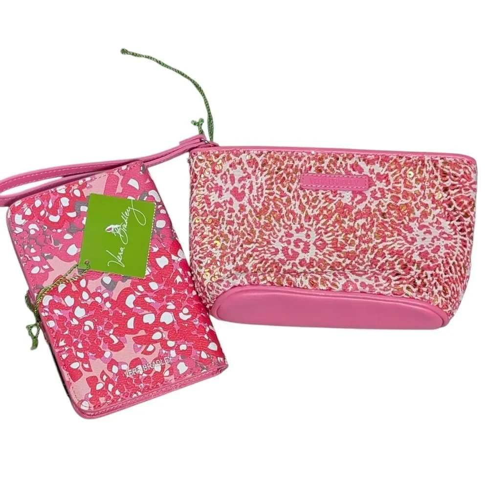Vera Bradley Mesh Sequin Camocat Pink Wristlet cosmetic bag blooms notebook pen